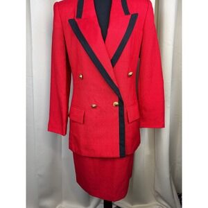 Vintage 80s Sasson Paris New York Red Skirt Power Suit Set Blazer Pencil Skirt 4